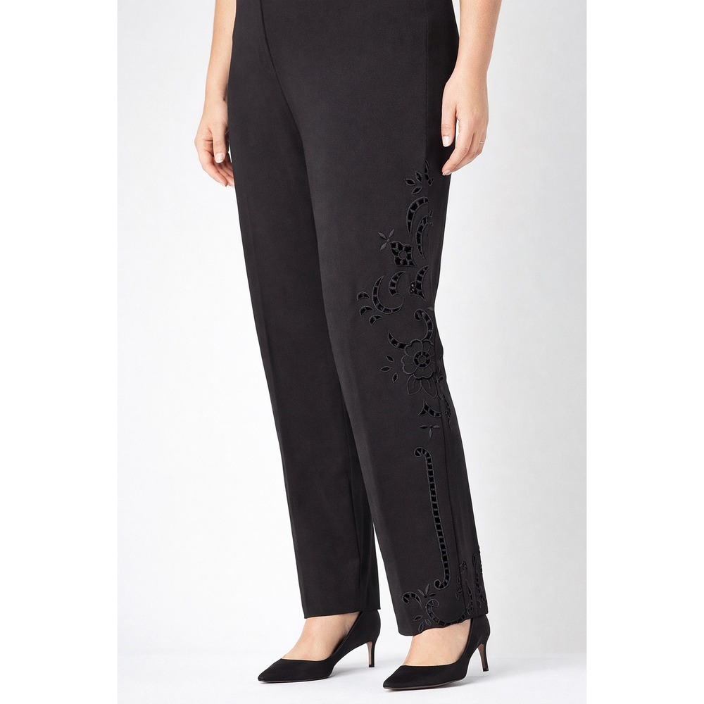 Cambio Dawn Black Cotton Embroidered‎ Eyelet Straight Leg Trousers Pants USA 14